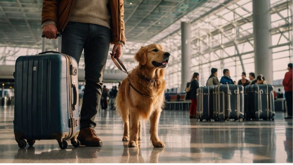 un golden retriever con maletas