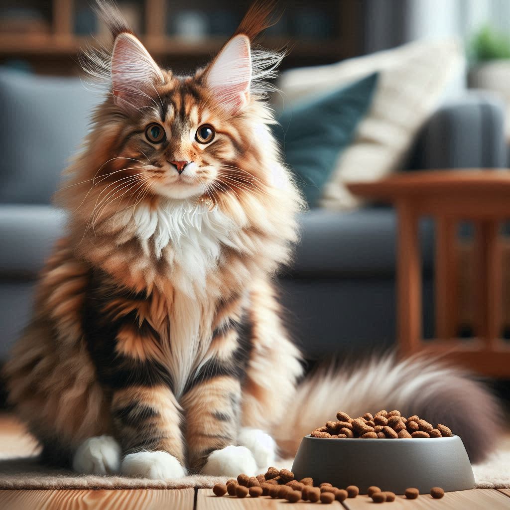 gato maine coon comiendo